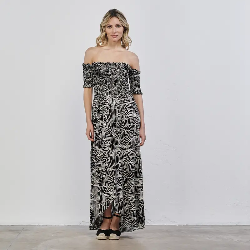 Abito nero e bianco lungo da donna in fantasia floreale