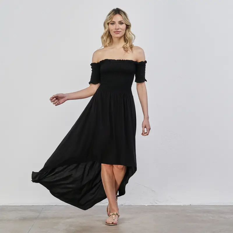 Abito nero midi asimmetrico da donna