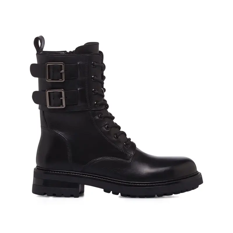 Anfibi neri da donna in pelle con lacci e fibbie