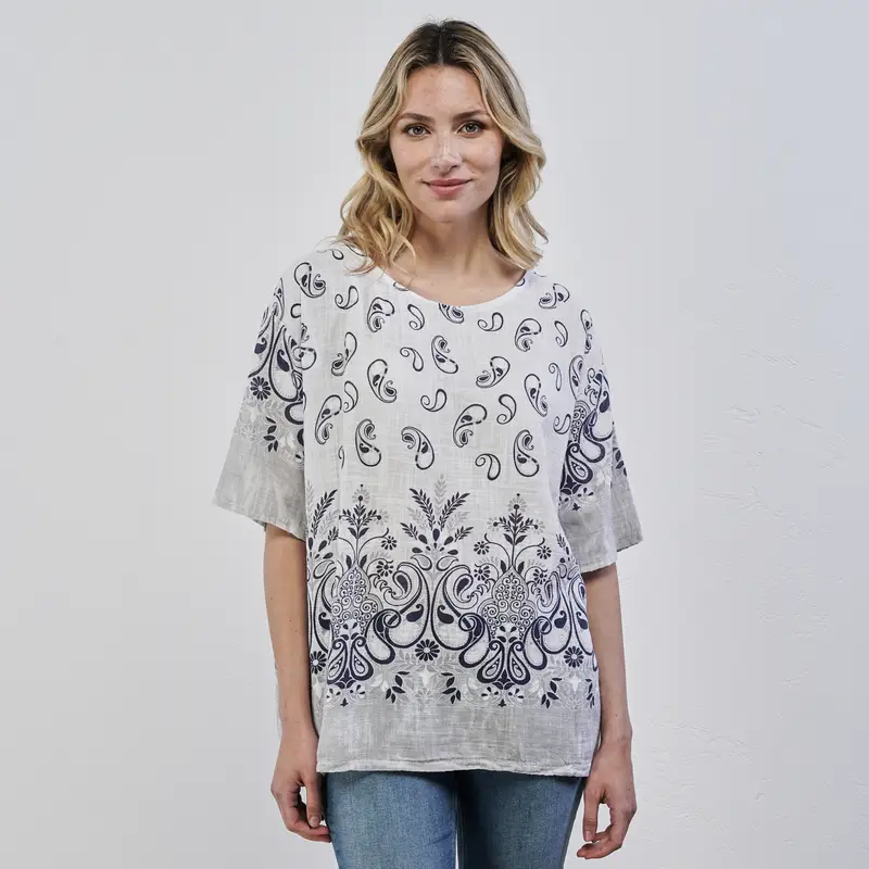 Blusa bianca e blu da donna in fantasia paisley