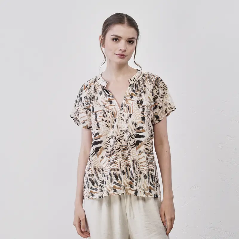 Blusa marrone da donna in cotone con stampa animalier