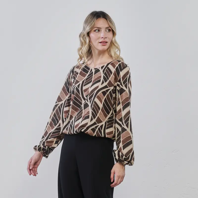 Blusa marrone da donna in fantasia geometrica