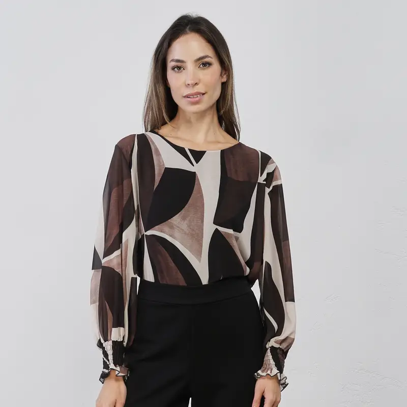 Blusa marrone e bianca da donna con stampa geometrica