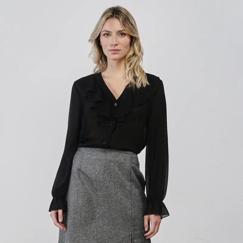 Blusa nera da donna con volant
