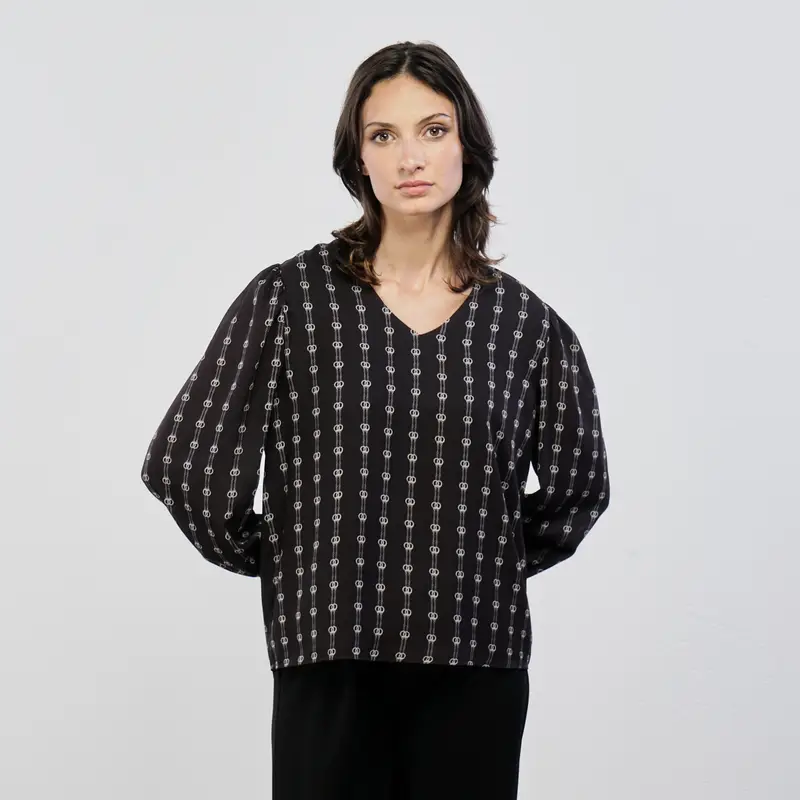 Blusa nera scollo a V con stampa geometrica