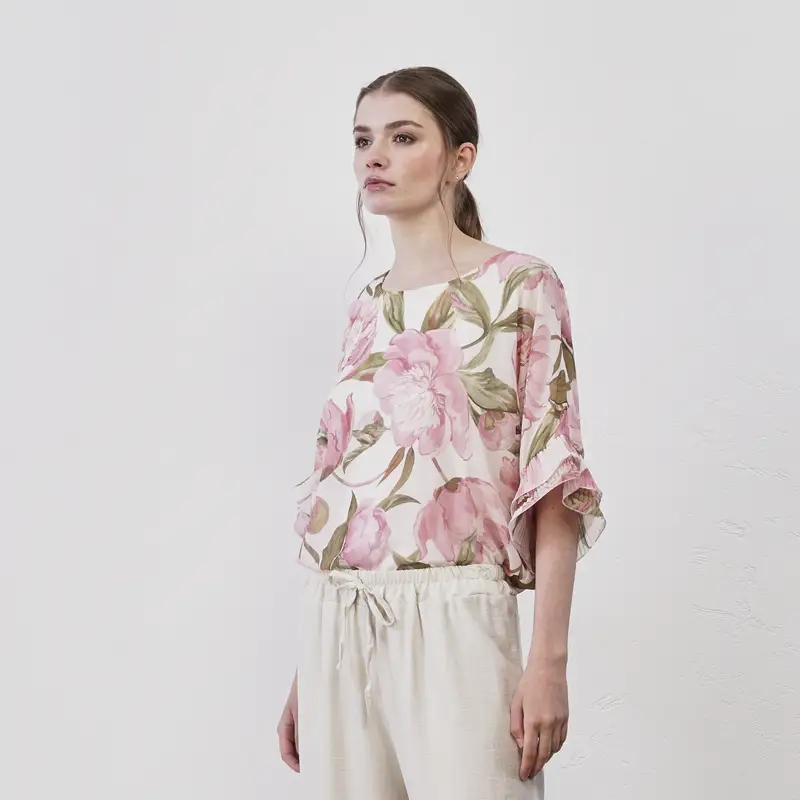 Blusa rosa da donna con maniche scampanate e stampa fiori