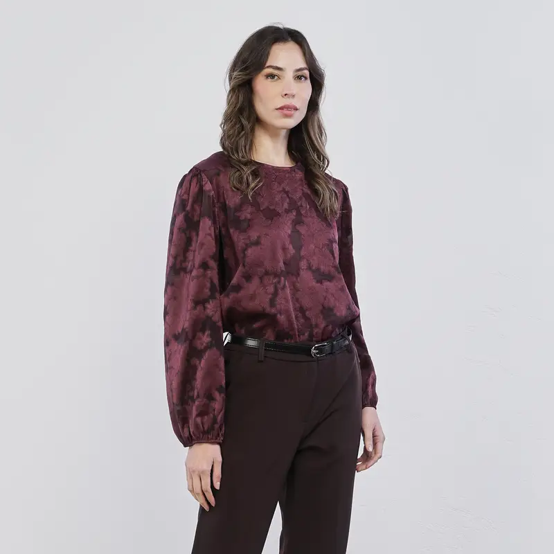Blusa viola da donna in tessuto damascato