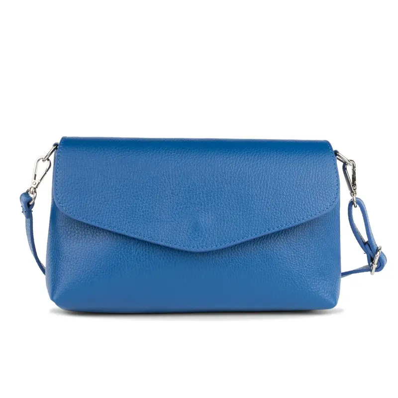 Borsa azzurra da donna in pelle con tracolla removibile e patta frontale