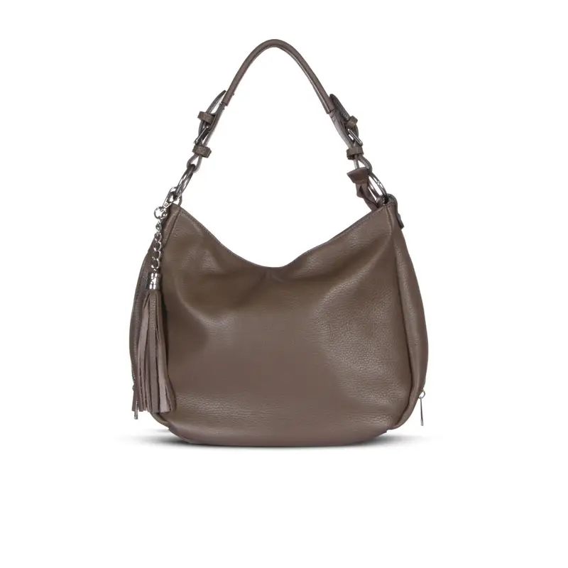 Borsa marrone in pelle con un manico e dettaglio nappino