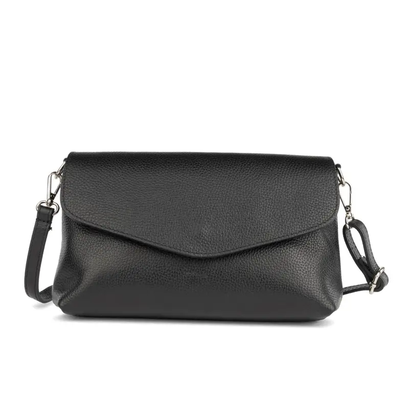 Borsa nera da donna in pelle con tracolla removibile e patta frontale