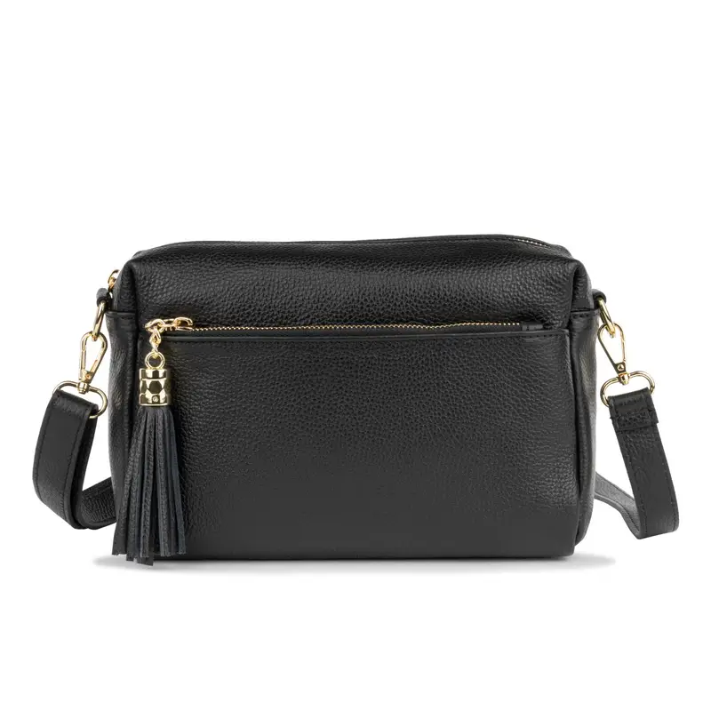 Borsa nera in pelle da donna con tracolla removibile e zip con nappina