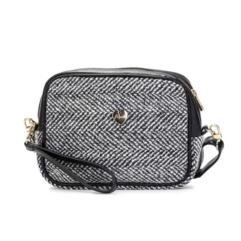 Borsa nera in tessuto fantasia spigata con tracolla e laccetto