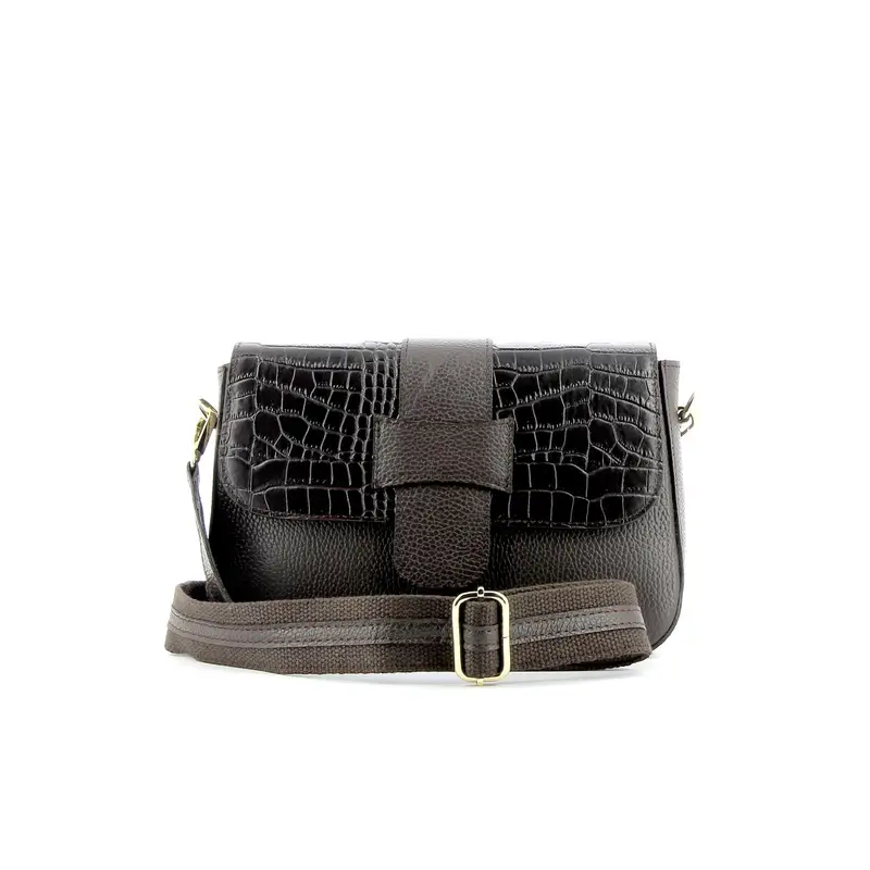 Borsetta marrone in pelle con tracolla in tessuto