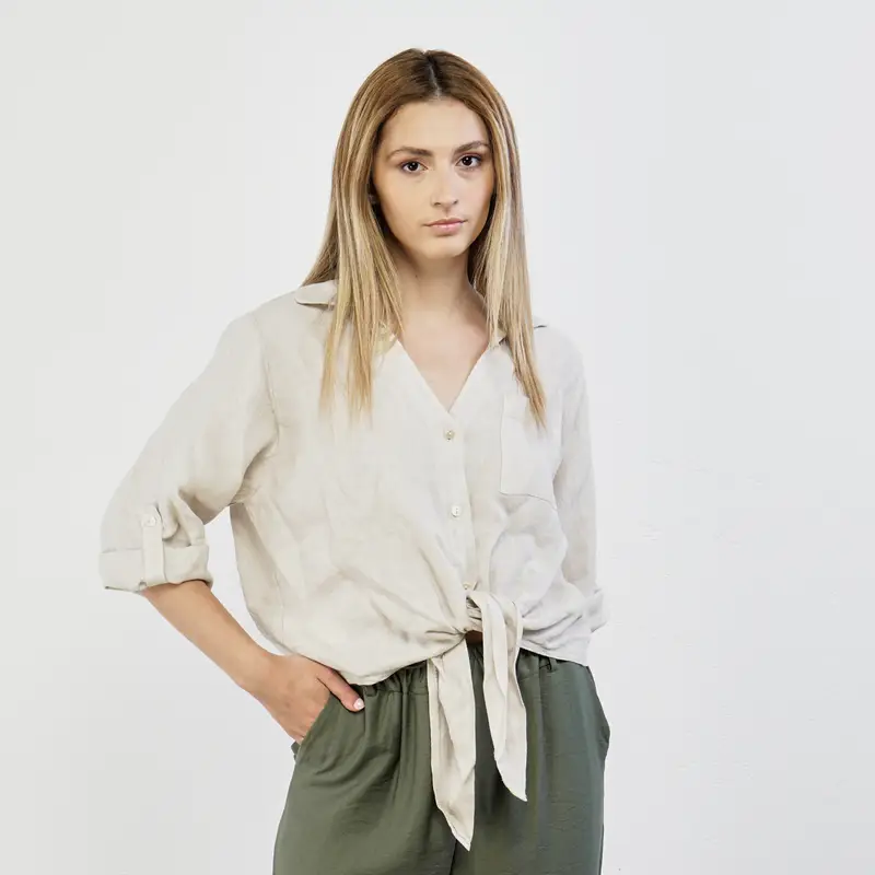 Camicia beige 100% lino con fiocco e taschino