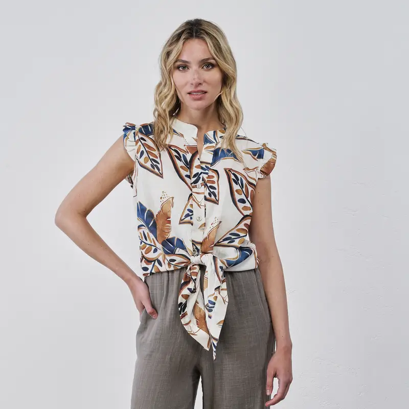 Camicia bianca da donna con nodo e stampa floreale