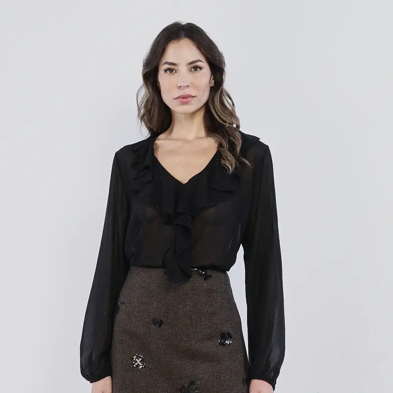 Camicia nera glitteralta con voile