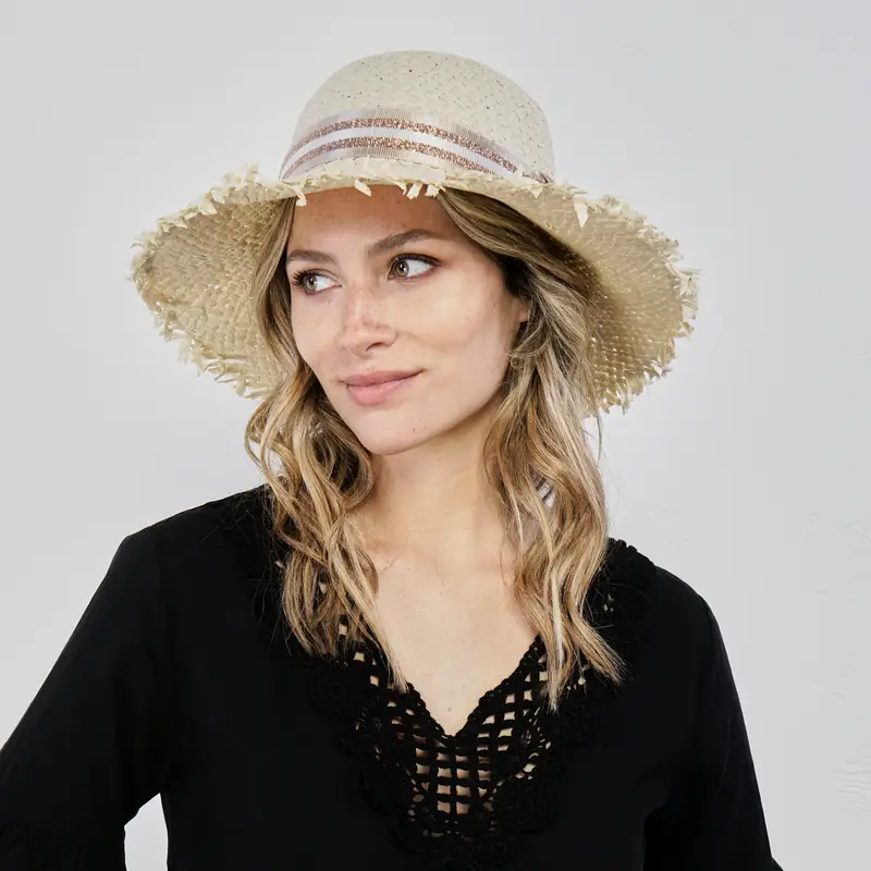 Cappello beige da mare effetto paglia con dettaglio glitter