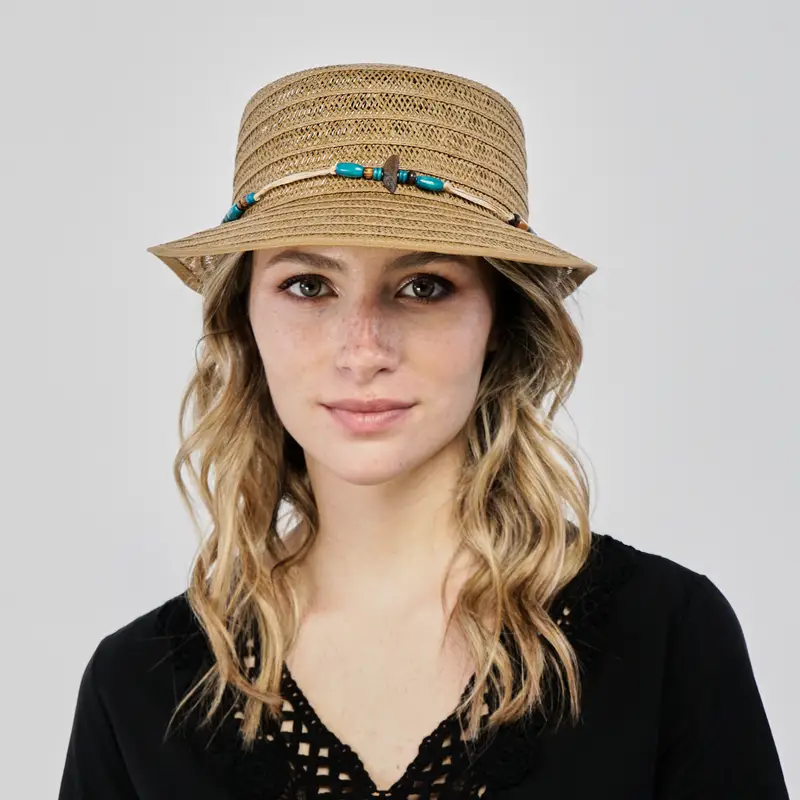 Cappello marrone da mare effetto paglia con perline