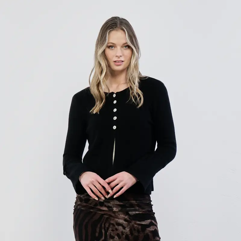 Cardigan nero corto con bottoncini con strass e maniche scampanate
