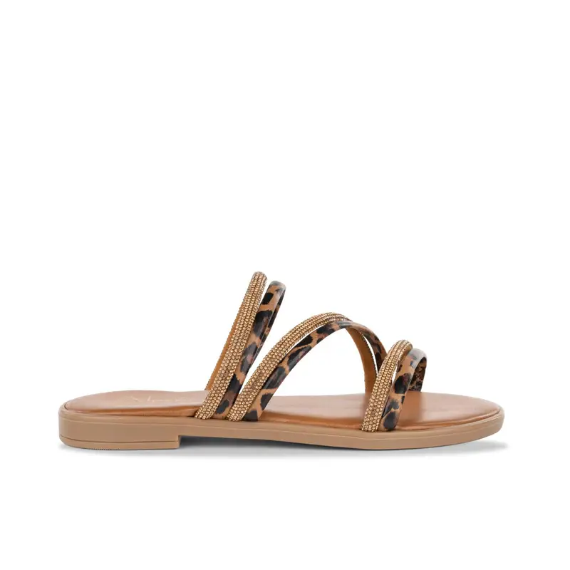 Ciabattine marroni da donna con cinturini stampa animalier e strass