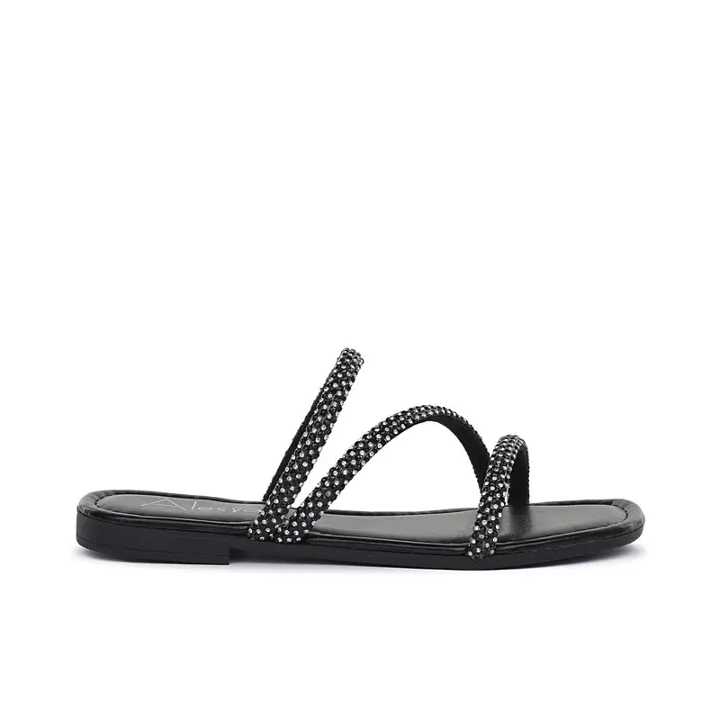 Ciabattine nere da donna con cinturini con strass