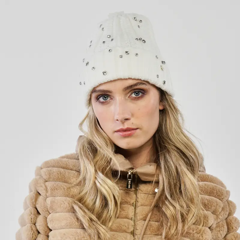 Cuffia bianca con maxi strass e risvolto