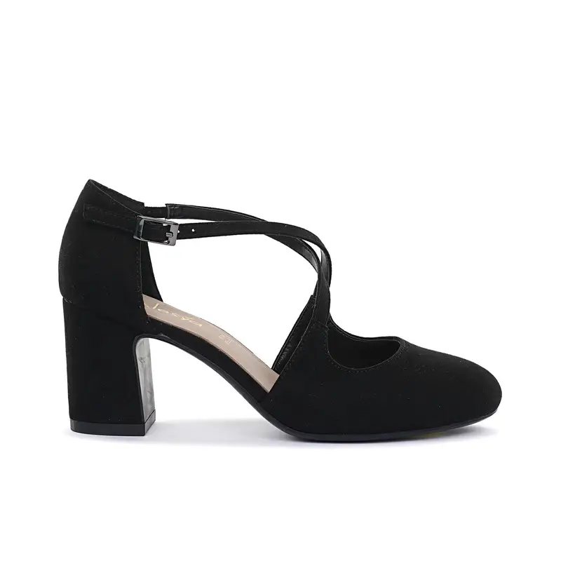 Decolletè a punta arrotondata nere con tacco medio largo e cinturini incrociati