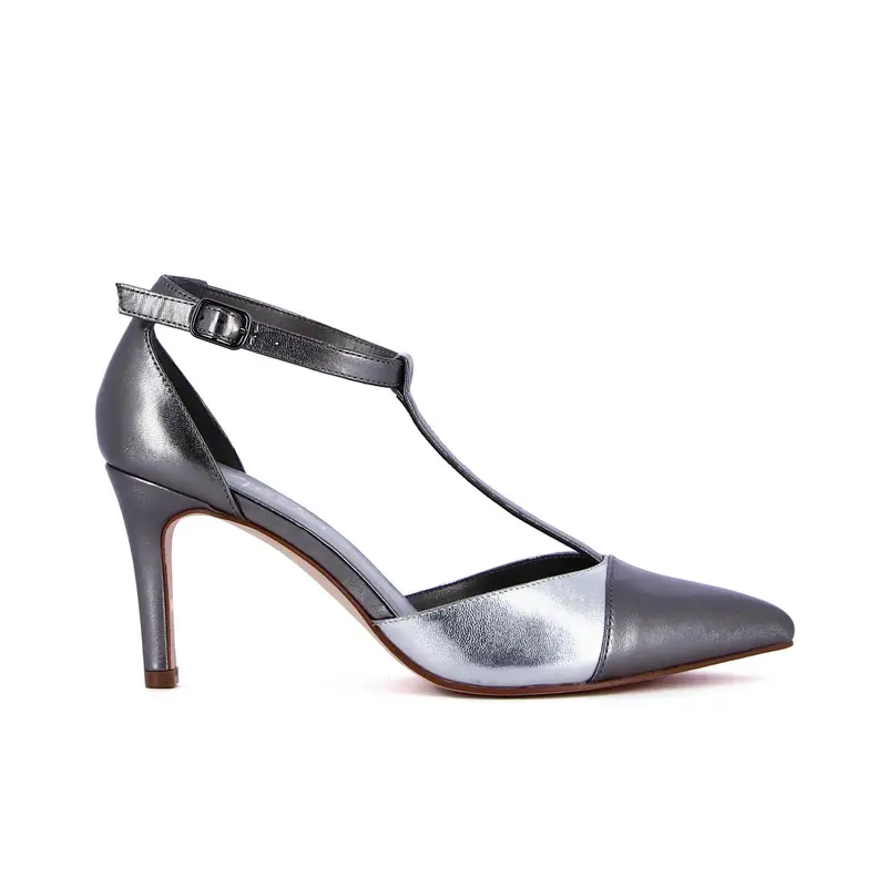 Decolletè argento a punta con t-bar e tacco alto