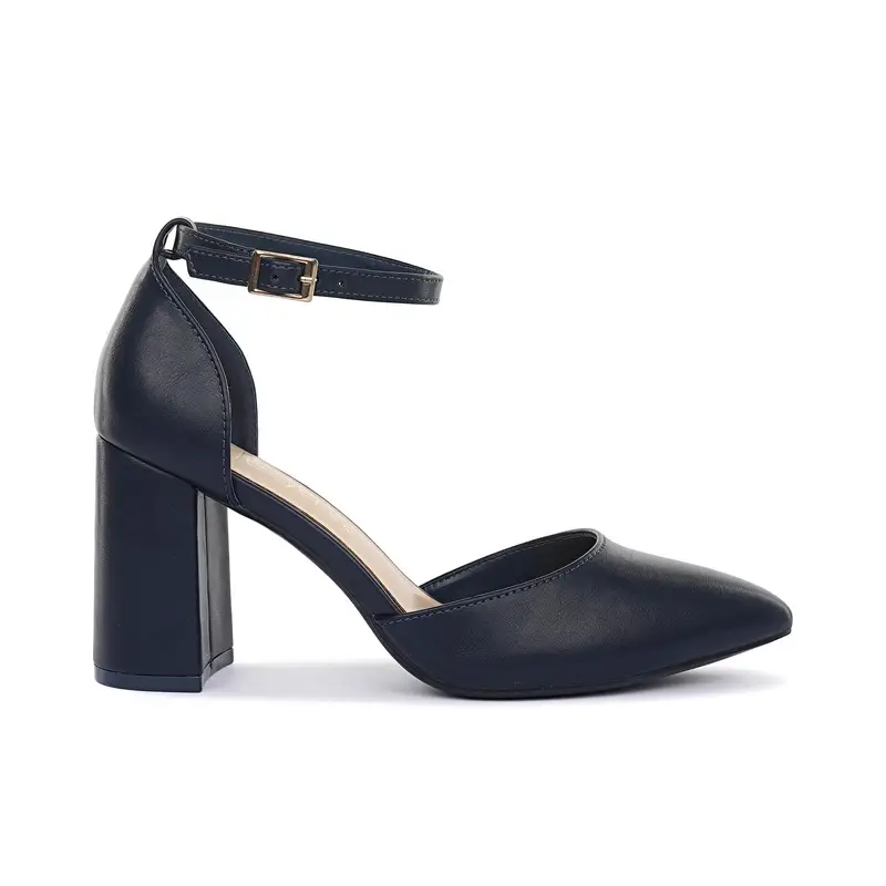 Decolletè blu a punta con tacco alto largo e cinturino alla caviglia