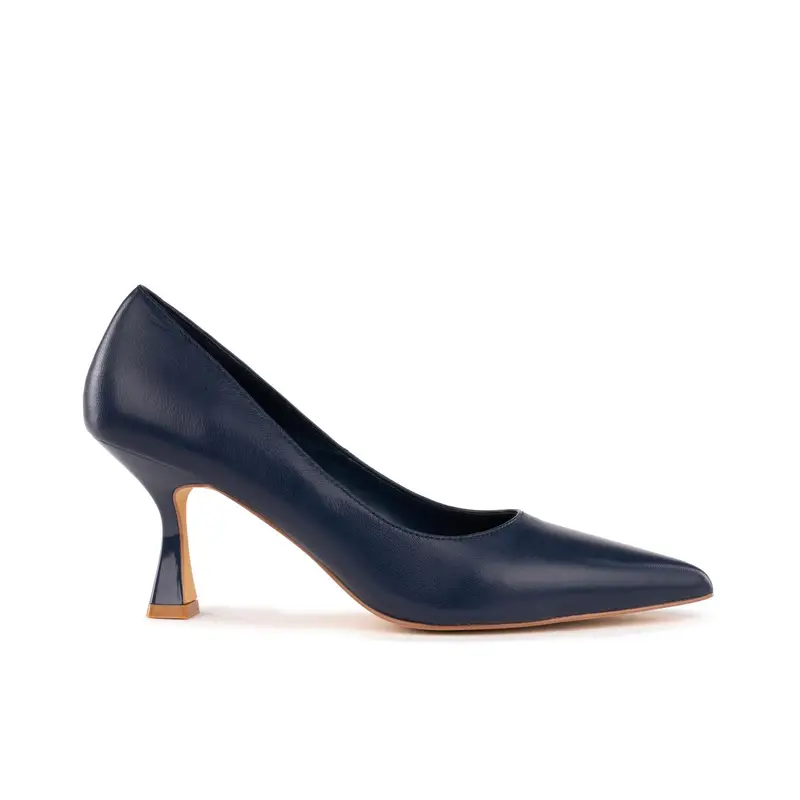 Decolletè blu a punta in pelle con tacco medio a rocchetto