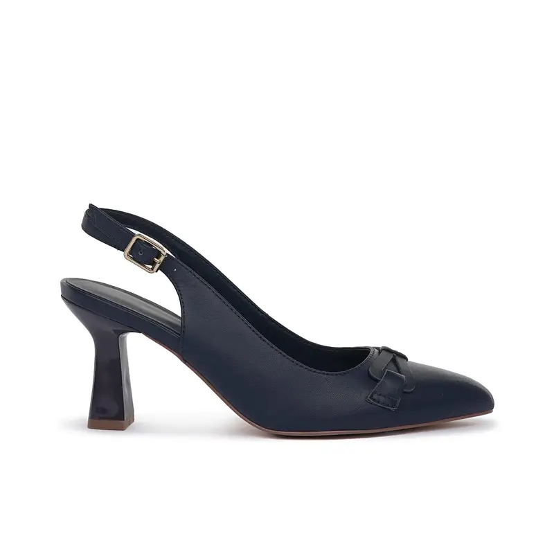 Decolletè blu slingback in pelle a punta con tacco medio a rocchetto