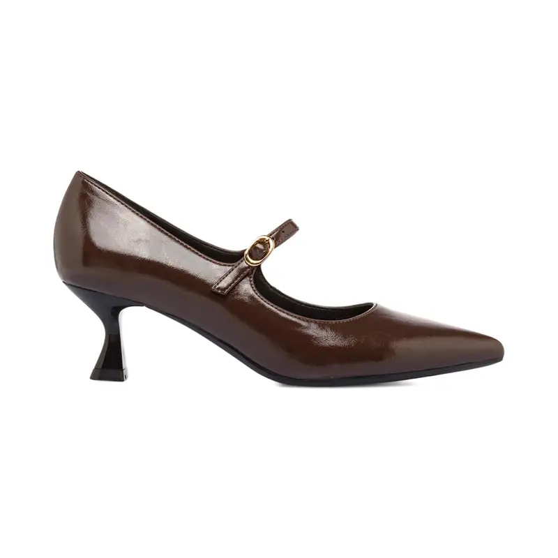 Decolletè marroni a punta con tacco basso a rocchetto e cinturino