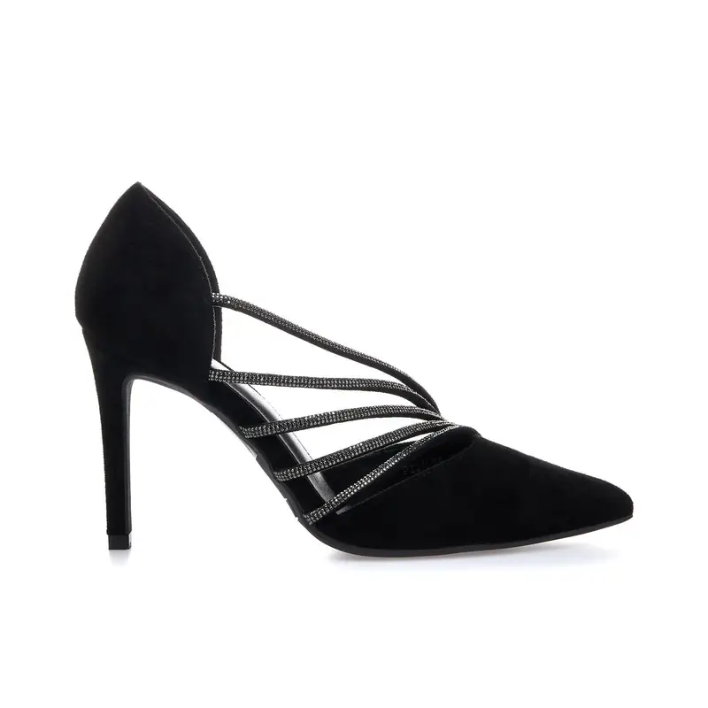 Decolletè nere a punta con tacco alto e strass