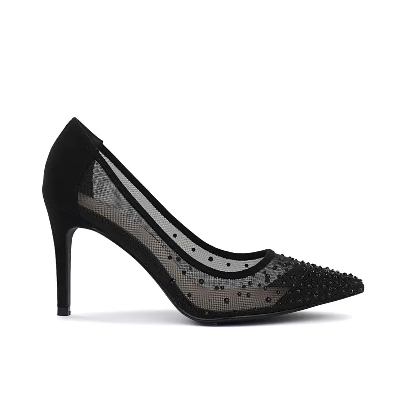 Decolletè nere a punta con tacco alto e tessuto a rete con strass