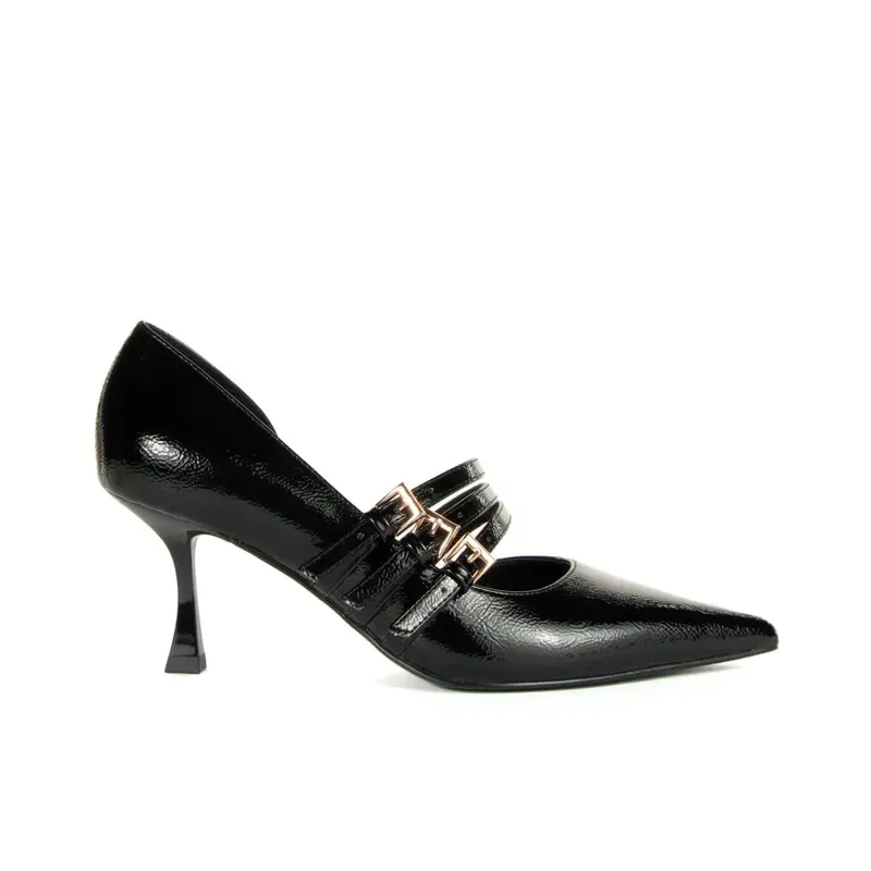 Decolletè nere a punta con tacco basso a rocchetto e cinturini