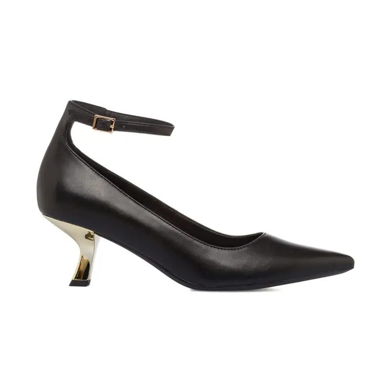 Decolletè nere a punta da donna con cinturino alla caviglia e tacco basso laminato a rocchetto