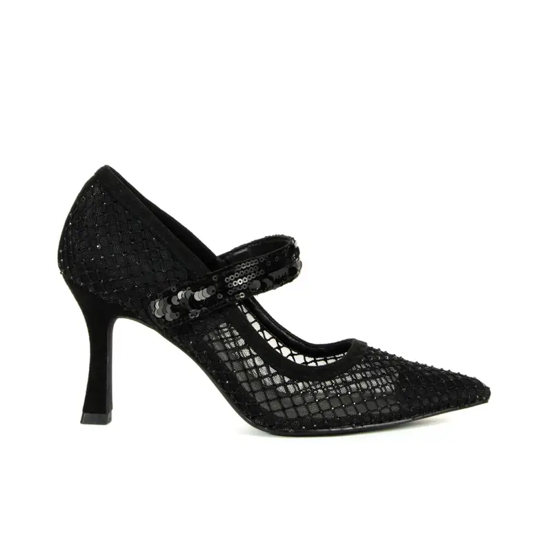 Decolletè nere a punta in rete con tacco medio a rocchetto e cinturino con paillettes