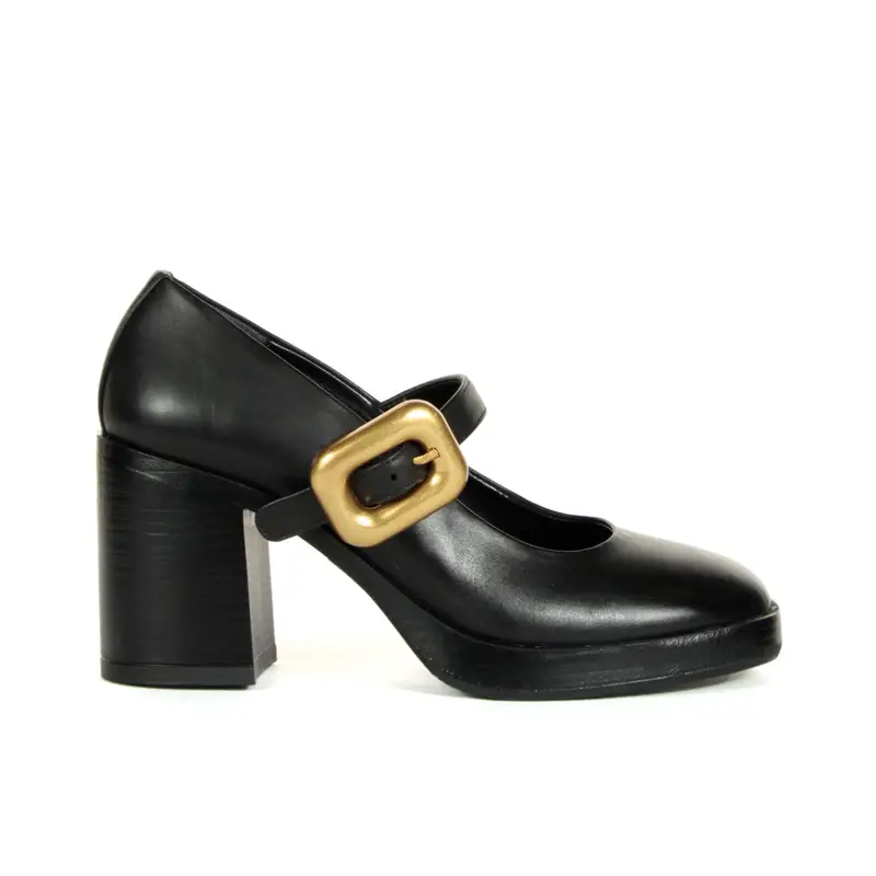 Decolletè nere in pelle con tacco medio largo e cinturino con maxi fibbia