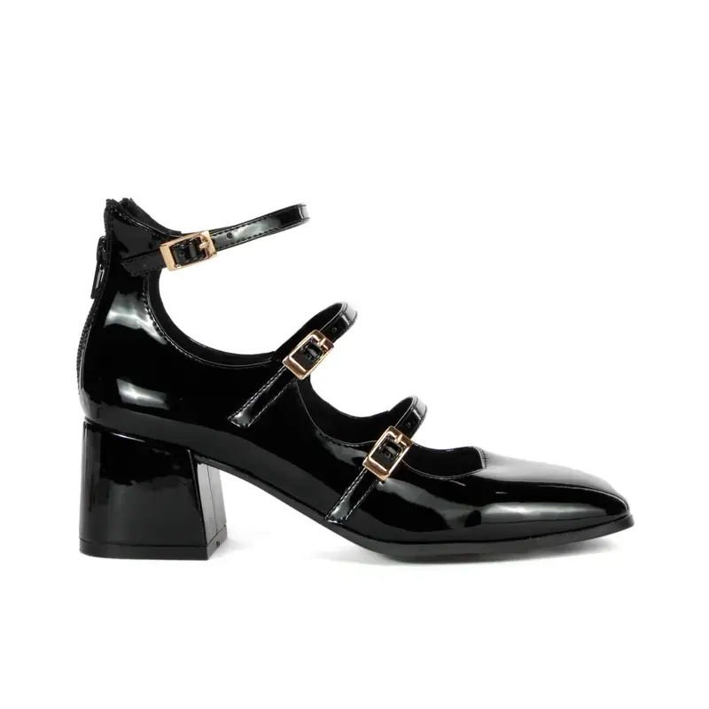 Decolletè nere lucide con tacco largo basso e cinturini