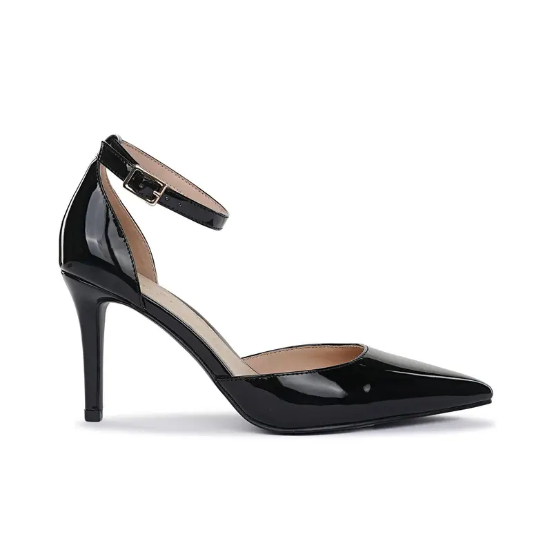 Decolletè nere lucide da donna a punta con tacco alto e cinturino