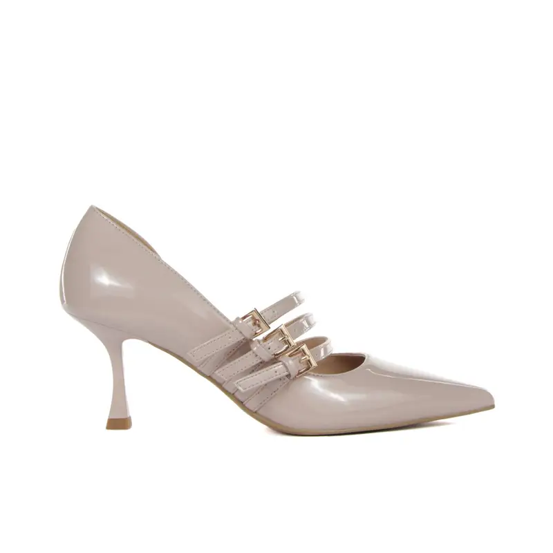 Decolletè rosa a punta con tacco basso a rocchetto e cinturini