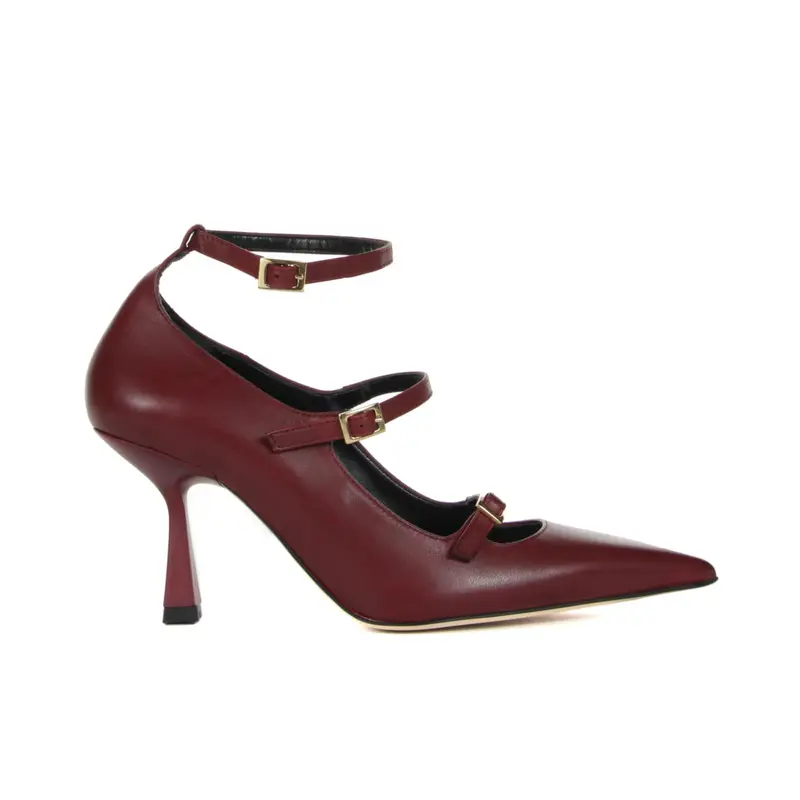 Decolletè rosse in pelle a punta con tacco medio a rocchetto e cinturini