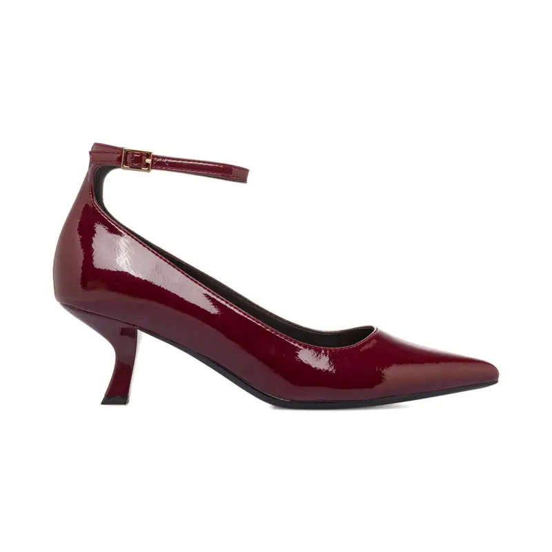 Decolletè rosse lucide a punta da donna con cinturino alla caviglia e tacco basso a rocchetto