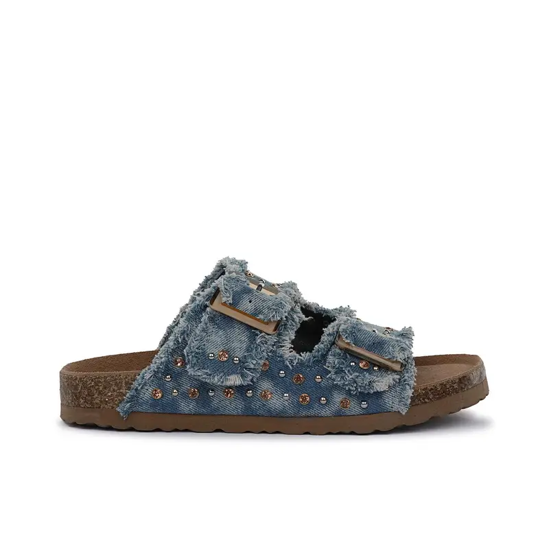 Sandali azzurri da donna con doppia fibbia sfrangiata in denim e suola effetto sughero
