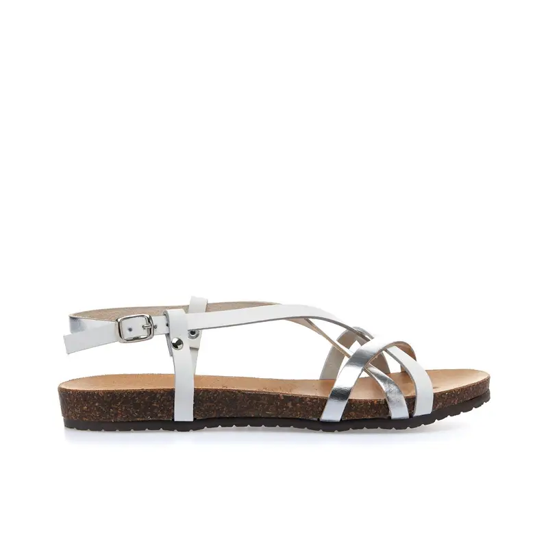 Sandali bassi bianchi con cinturino e fondo effetto sughero