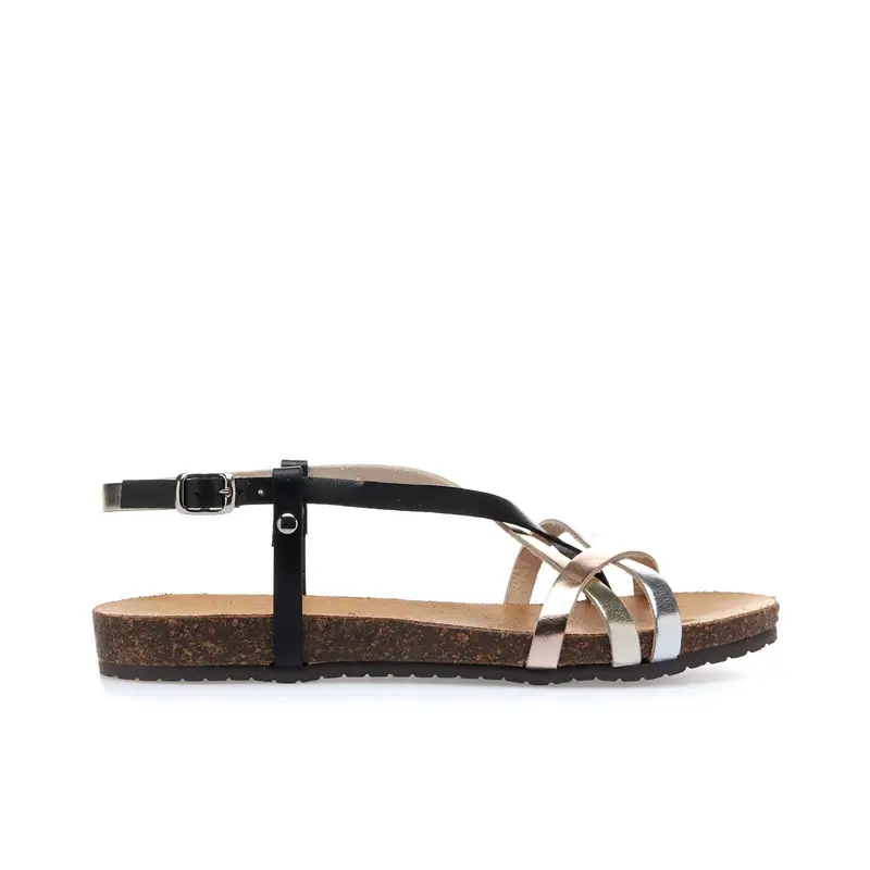 Sandali bassi neri con cinturino e fondo effetto sughero