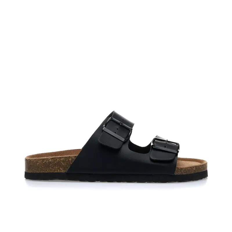 Sandali neri con doppia fibbia e fondo effetto sughero