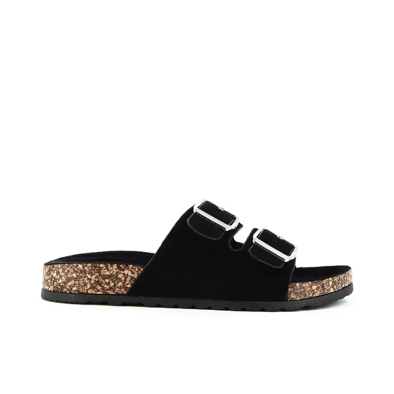 Sandali neri con doppia fibbia e fondo effetto sughero