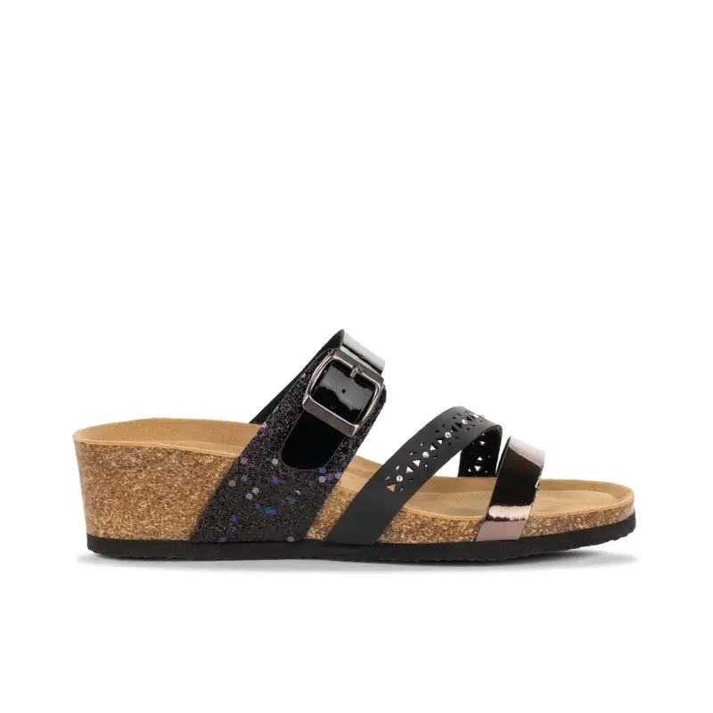 Sandali neri con zeppa e fondo effetto sughero da donna