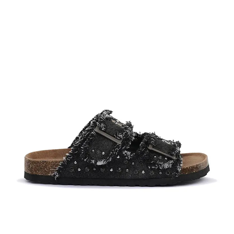 Sandali neri da donna con doppia fibbia sfrangiata in denim e suola effetto sughero